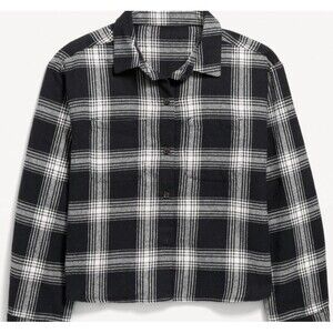 Cropped Long-Sleeve Plaid Pocket Flannel Shirt for Girls Medium Black and White